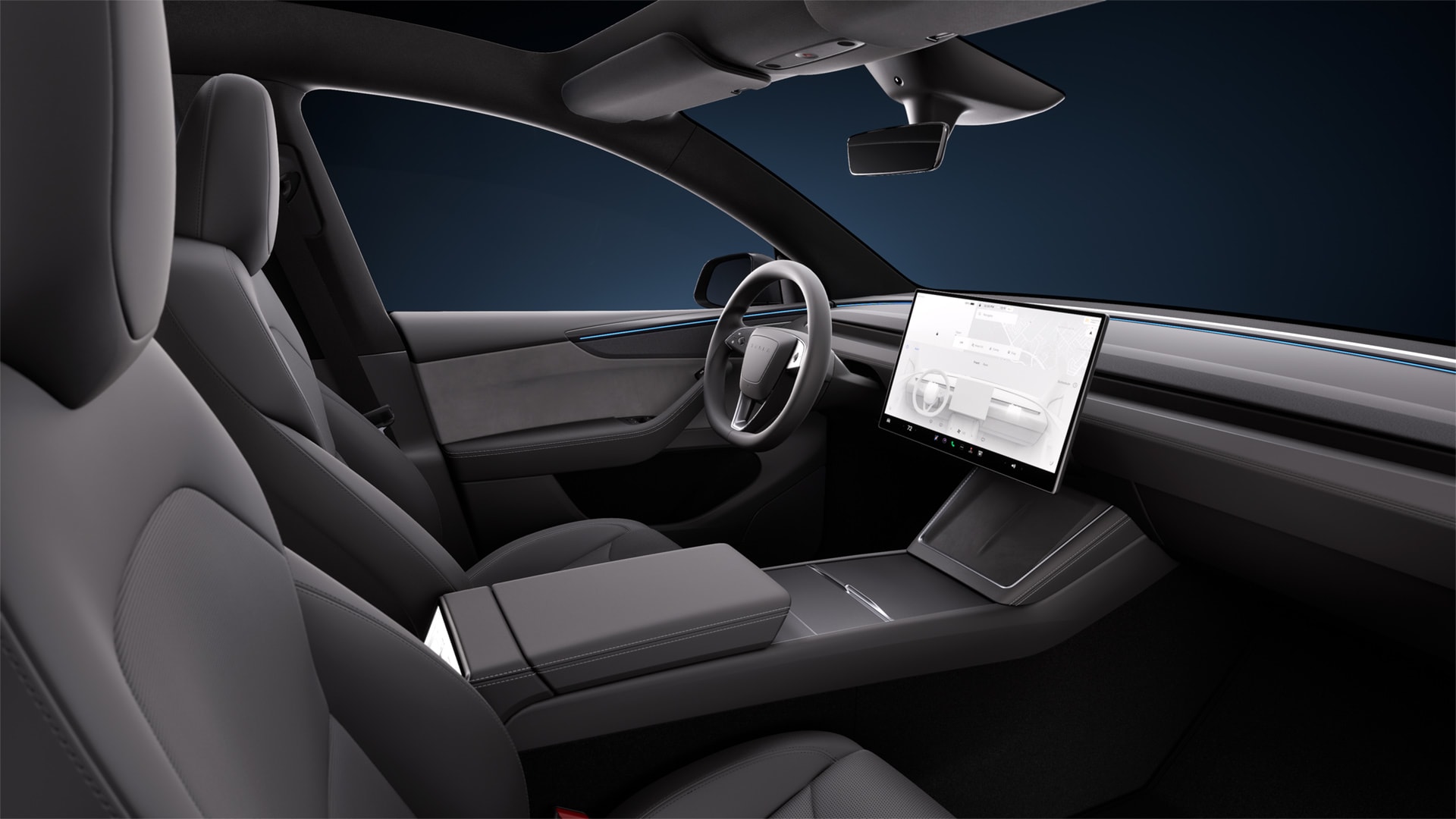 圖說：推出 Model Y 全車系黑化版本，深黑色頂棚提供更沉穩的內裝質感，全車系標配超過 2,100 公升的儲物空間，Long Range 版本續航里程達 641 公里（WLTP）。